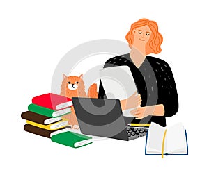 Student with cat and books