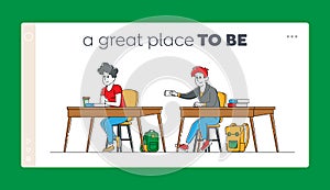 Student Characters on Lesson Landing Page Template. Man Giving Paper Note to Girl Sitting at Next Desk