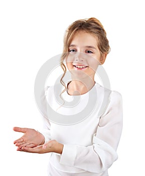 Student child girl showing hands isolated.