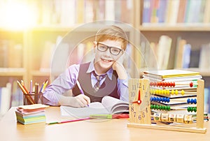 Student Child in School, Kid Boy Learning Mathematics in Classroom, Elementary Education