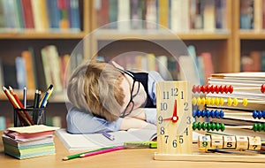 Student Child Sleeping in School, Tired Kid Asleep on table