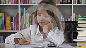 Student Child Writing Studying in Library Learning School Girl at Desk Office 4K