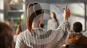 A student in a classroom is raising their hand.. AI generated