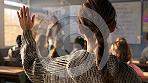 A student in a classroom is raising their hand.. AI generated