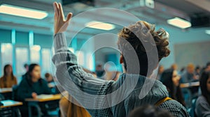 A student in a classroom is raising their hand.. AI generated