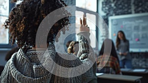 A student in a classroom is raising their hand.. AI generated