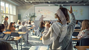 A student in a classroom is raising their hand.. AI generated