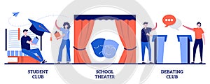 Student club, school theater, debating competition concept with tiny people. After-school activity vector illustration set. Public