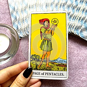 Page of Pentacles Tarot Card Seeking/Thinking Success Abundance Excellent Prospects High Achiever Aiming High Ambitious Seek