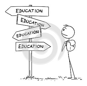 Student on Crossroad, Looking for Education or School, Vector Cartoon Stick Figure Illustration