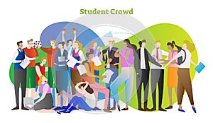 Student crowd vector illustration. Group of young people in college or university. Standing teacher and sitting girl with laptop.