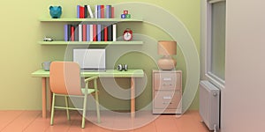 Student desk, chair and shelves with books and toys in a pastel colors child room. 3d illustration