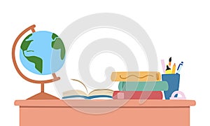 Student desk with Earth globe, open book, pen holder, stack of books clipart cartoon style vector illustration. School concept