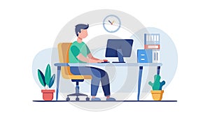 Student at desk: Focused learning with computer and books, vector design Generative AI