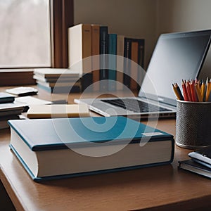 a student desk, laptop and books