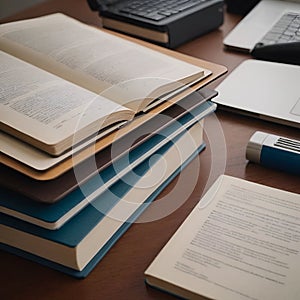 a student desk, laptop and books, pencils