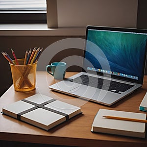 a student desk, laptop and books, pencils