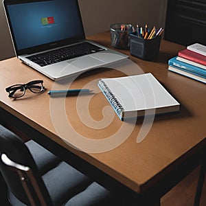 a student desk, laptop and books, pencils and eye glasses