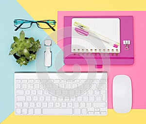 Student Desk Working Space Flat Lay. Top view photo of workspace with keyboard, notepad and succulent plant.