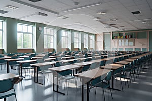 Tidy dark green desks big empty classroom, back to school. Generative ai
