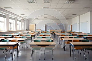 Whiteboard, regular desks, big empty classroom, back to school. Generative ai