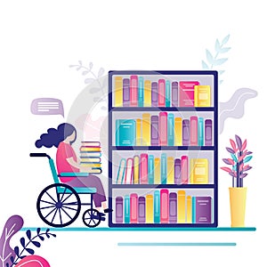 Student with disability holds stack of different books. Female character sits in wheelchair near bookshelf. Disabled woman chooses