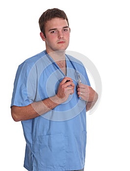 Student doctor in scrubs and with stethoscope