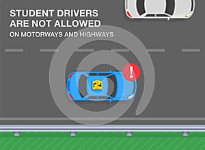 Student drivers are not allowed on motorway and highways. Top view of a blue learner car on expressway.