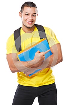 Student education showing pointing marketing ad advert young man people isolated on white