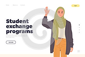 Student exchange program advertising landing page design template, academy welcome newcomers