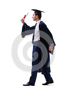 The student excited at his graduation isolated on white
