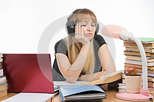 Student falling asleep reading reference book