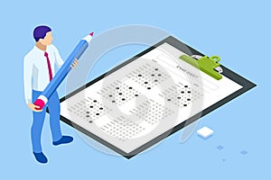 The student filling out answers to exam test answer sheet with a pencil. Education concept. Isometric vector