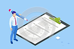 The student filling out answers to exam test answer sheet with a pencil. Education concept. Isometric vector