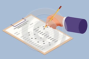 The student filling out answers to exam test answer sheet with a pencil. Education concept. Isometric vector