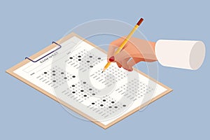 The student filling out answers to exam test answer sheet with a pencil. Education concept. Isometric vector