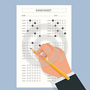 The student filling out answers to exam test answer sheet with a pencil. School and Education. Test score sheet with