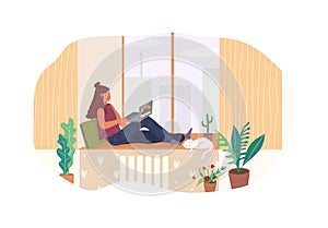 Student freelancer teenager sitting on a windowsill with a laptop vector flat illustration.