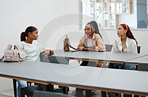 Student friends and talk in university cafeteria for course guidance and thoughts in break. Young and diverse women in