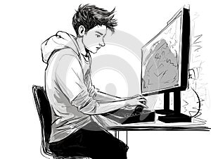 Student is gaming on a desktop computer pc in hand-drawn style