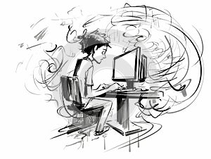 Student is gaming on a desktop computer pc in hand-drawn style