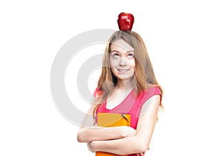 Student girl with apple on her head