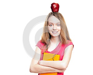 Student girl with apple on her head