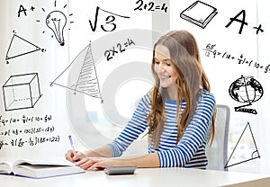 Student girl with book, notebook and calculator