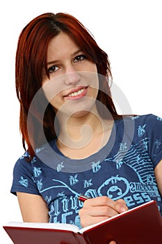 Student girl with books isolated