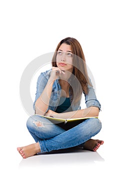 Student girl with books isolated on white