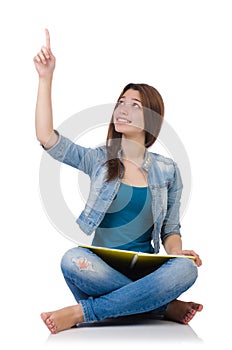 Student girl with books isolated on white