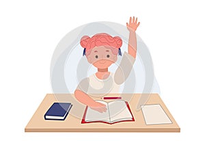 Student girl in classroom sitting at her desk is raising hand up to answer or asking the question.cartoon Vector illustration