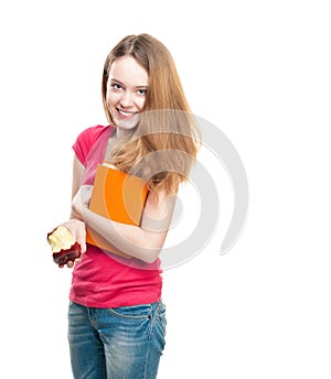 Student girl eating apple.