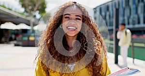 Student, girl and face at university, outdoor and happy with books, excited and pride for college education. Gen z